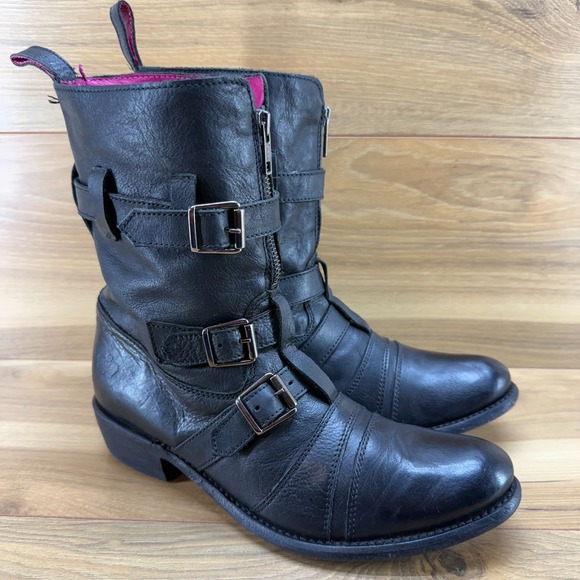Juicy Couture Vintage Y2K Black Leather Boots Womens 8 Buckle Front zipper - Picture 2 of 11